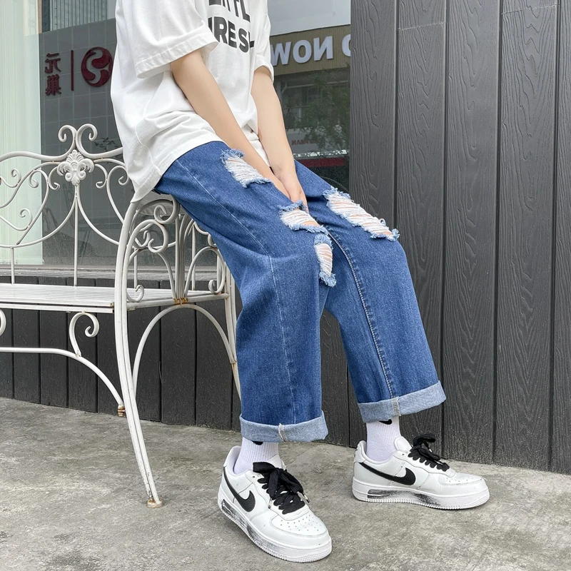 Streetwear Ripped Jeans Men Spring New Korean Fashion Straight Baggy Wide Leg Pants Cropped Pants Male Blue
