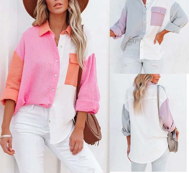 

Casual Blouse Women Summer 2022 Spring Summer New Red Contrast Color Splicing Long Sleeve Turn-down Collar Loose Shirt