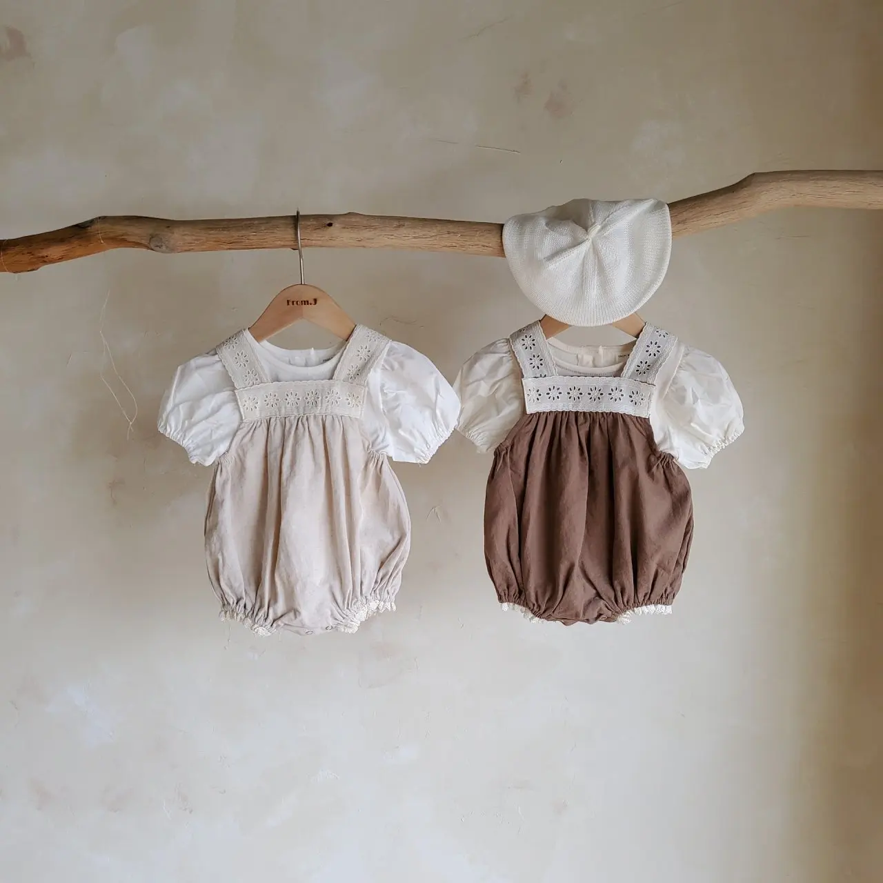 

Girls Infant Bubble Short Sleeve Top + Lace Strap Romper Two Piece Versatile Thin Cotton Romper