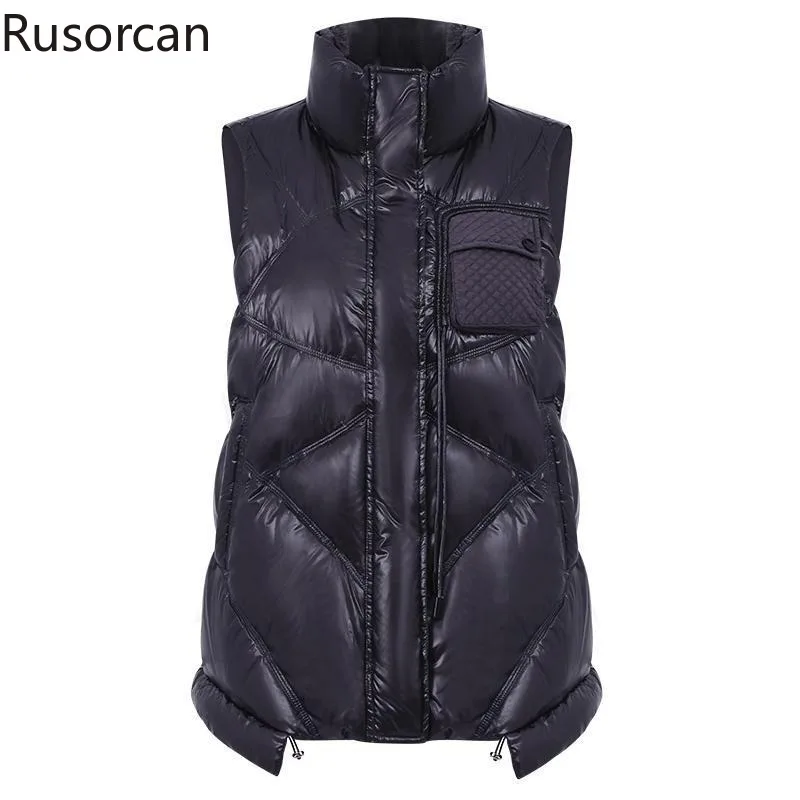 

Женский короткий жилет на белом утином пуху, теплая Короткая Безрукавка в европейском стиле с воротником-стойкой, Осень-зима