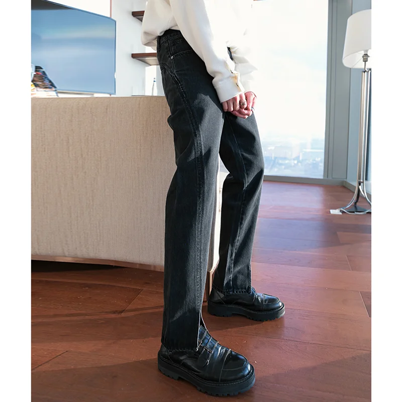 Streetwear Men 2022 Fashion New Style Vintage Recreational Black Split Fork Jeans Loose Straight Cylinder Trousers Autumn Female