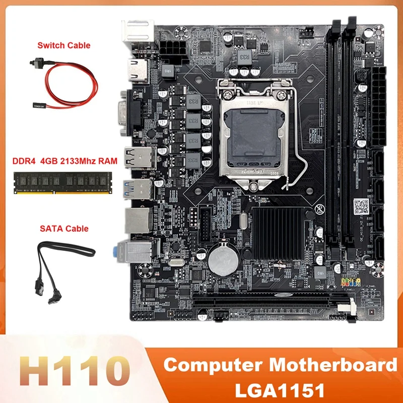 

Материнская плата H110 LGA1151 для компьютера, поддерживает процессор Celeron G3900 G3930 с кабелем SATA + кабель коммутатора + DDR4 4 Гб 2133 МГц ОЗУ