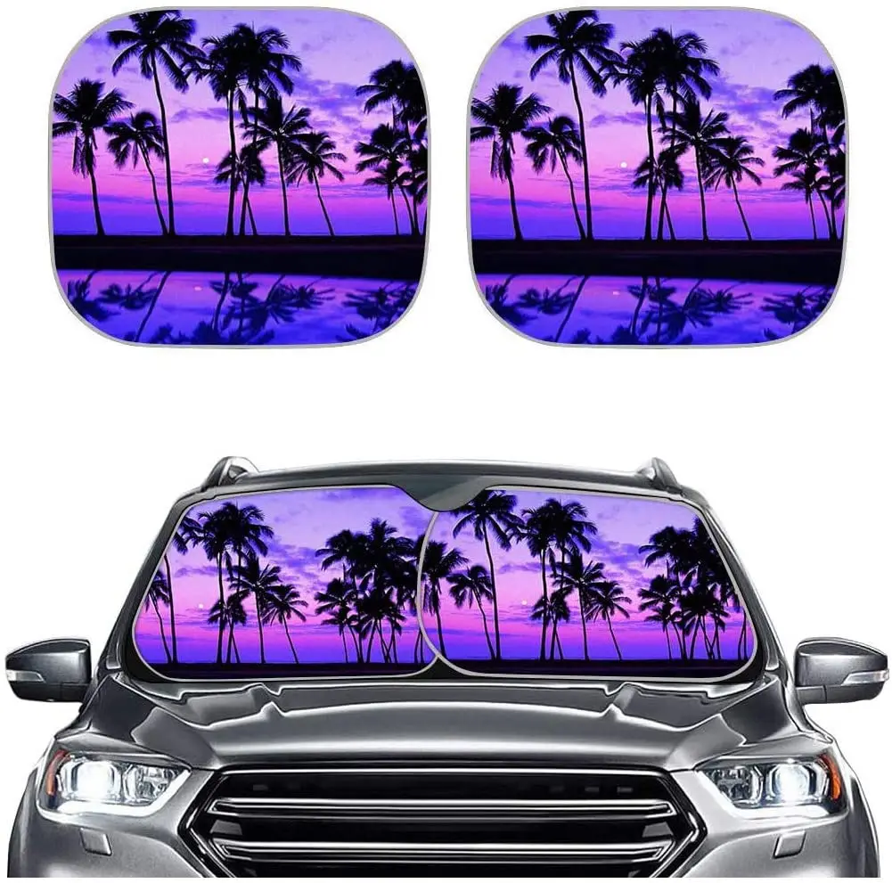 

CLOHOMIN Hawaiian Purple Sunset Palm Tree Pattern Decor Car Windshield Sun Shade - 2 Pack 28.5''x25.5'' Foldable Front Windows S