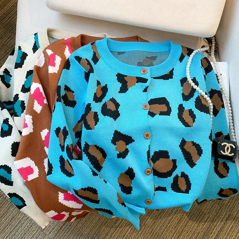 Новое поступление осени 2024 корейский стиль разумный дизайн леопардовый кардиган