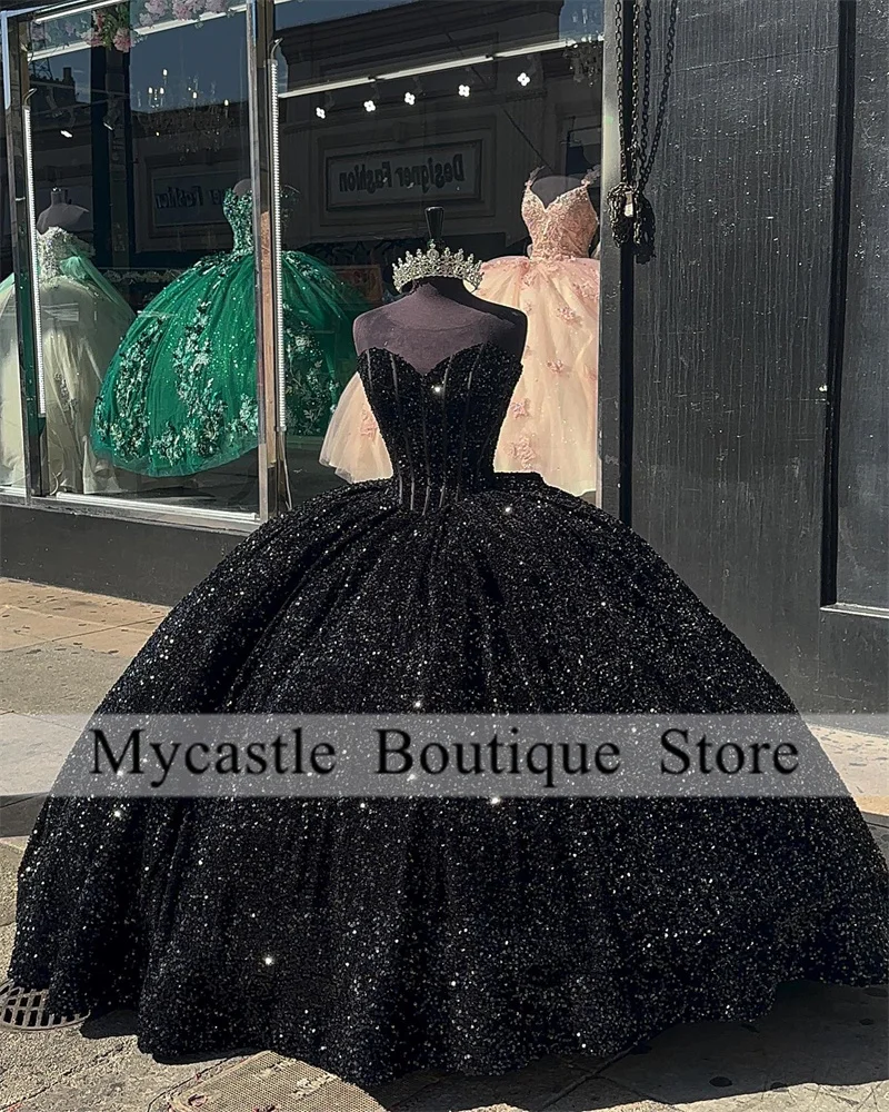 

Luxury Sparkly Black Ball Gown Quinceanera Dresses 2023 Shiny Sequined Sweetheart Sweet 16 Dress Party Gown Vestidos De 15 Años