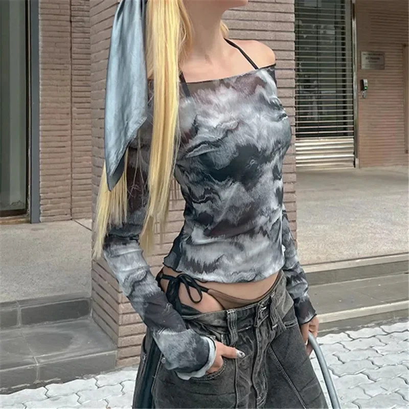 2024 Новые топы с длинными рукавами и принтом в стиле ретро Dark Cyber Techwear Y2K Grunge Mesh See