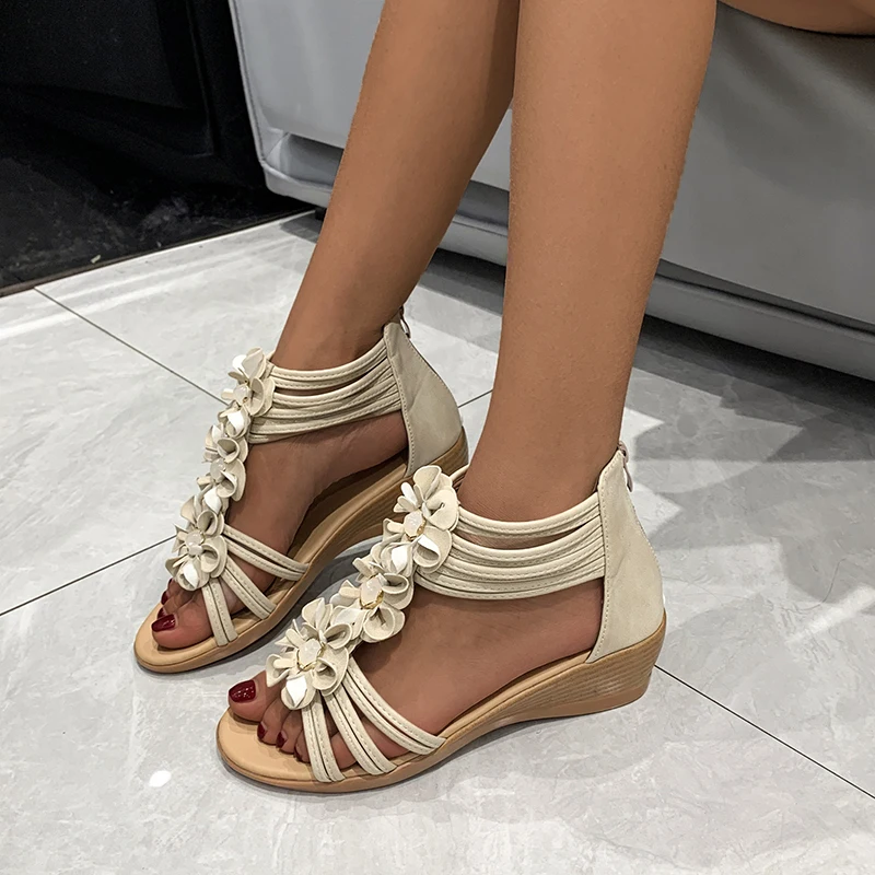 

Bohemia National Style Sandals Women's Slope Heel Thick Bottom Matching Skirt New Summer Flower Roman Women's Sandals New 2022