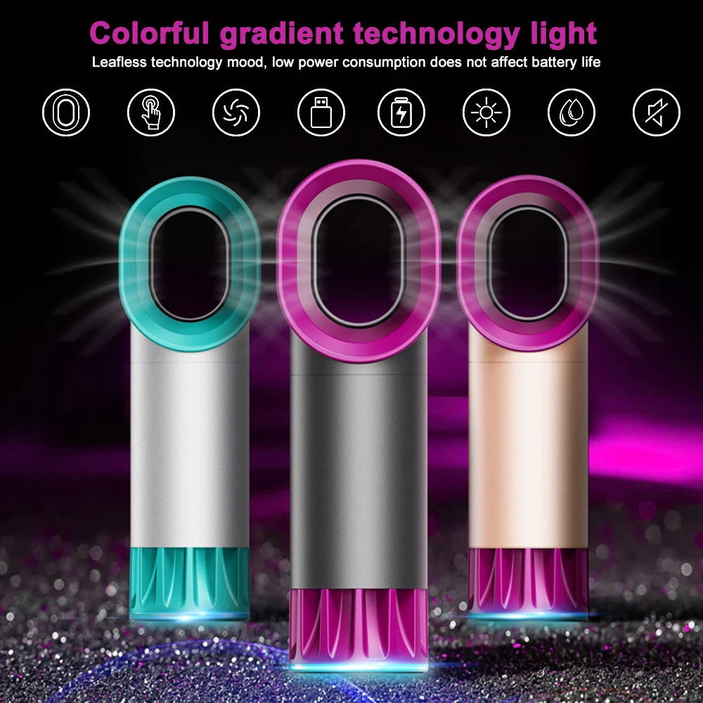

New Safe Bladeless Fan Handheld USB Rechargeable Mini Cooler No Leaf Handy Cooling Fan Air Cooler Fans Desktop Colorful LED Fan