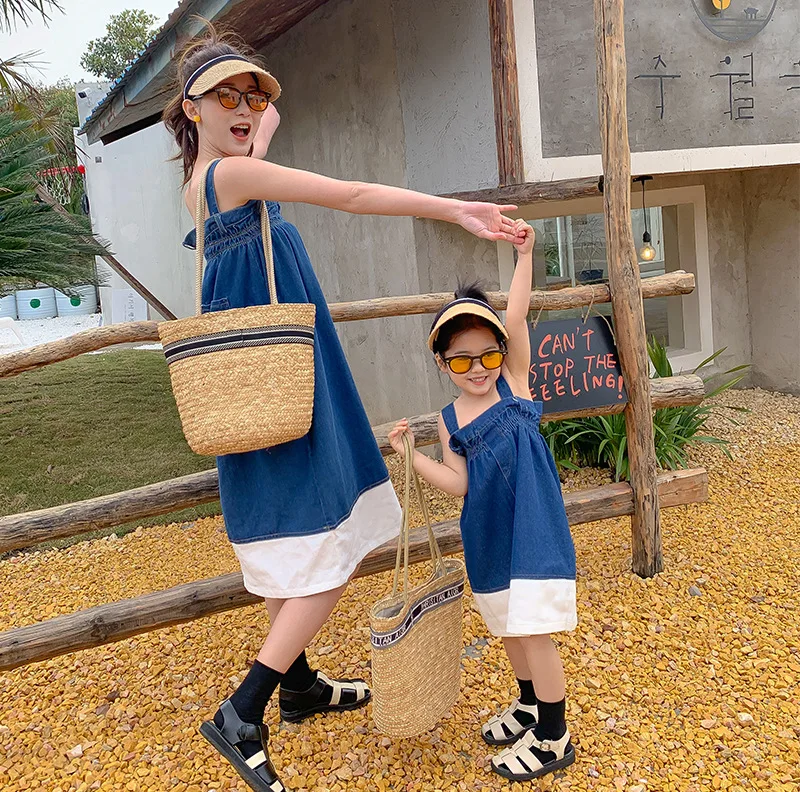 

Parent-child Denim Skirt Net Red Popular Sling Removable Washable Denim Sling Tube Top Dress family matching outfits