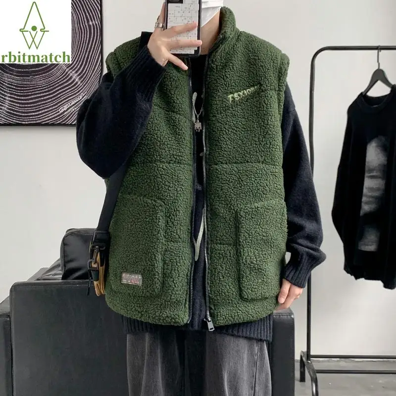 

Autumn Winter Fashion Vest Men Fleece Harajuku Sleeveless Jacket Japanese Warm Loose Lambswool Waistcoat Letter Mens Clothing