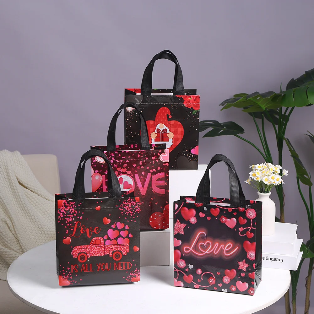 

5Pcs Valentine's Day Gift Bags with Handle Non-Woven Fabrics Love Heart Printed Candy Flower Packing Pouch Wedding Party Decor