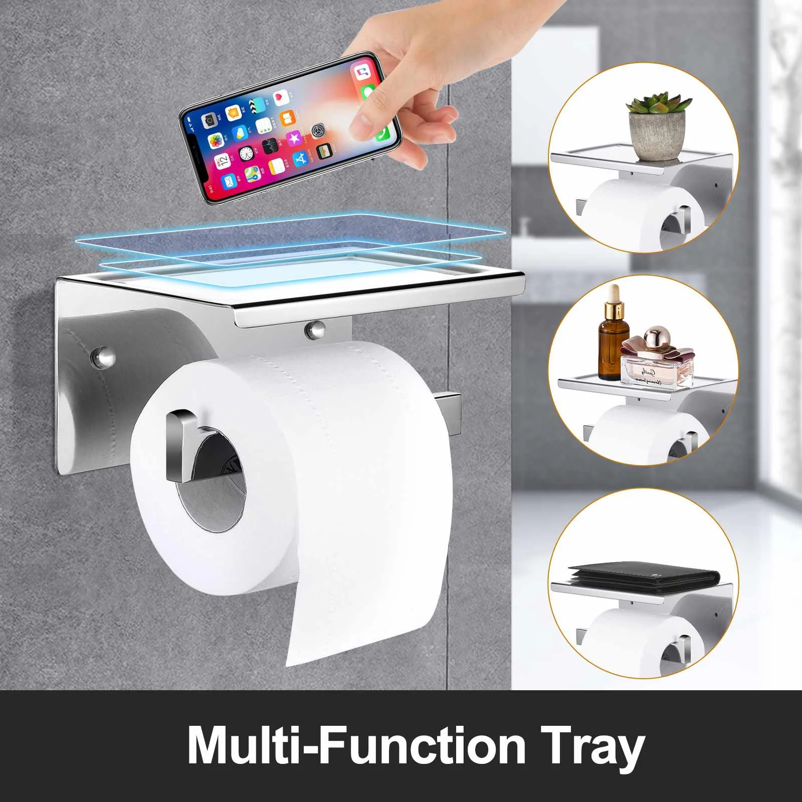 

Self-Adhesive or Wall-Drilling Toilet WC Paper Roll Holder Tissue Storage with Mobile Phone Tray Bathroom Shelf Towel Rack