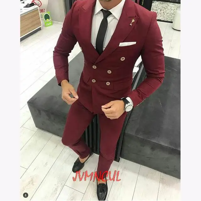 

2022 New Burgundy Men Suit For Wedding Custom Slim Fit Double Breasted Bridegroom Men Suits Causal Prom Groom Terno 2Pieces