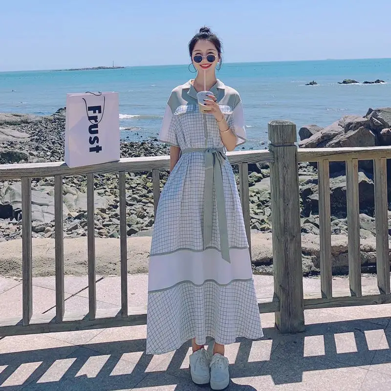 

Women New Fashion Summer Korean Loose Waist Retro Plaid Stitched Shirt Dress Short Sleeve Casual Harajuku Clothes Vestidos D841