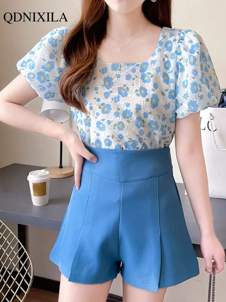 

2023 Women's Summer Fashion Shorts Suit Sweet Elegant Printed Lace-up Square Collar Top Hight Waist Wide Leg Shorts 2 Piece Set