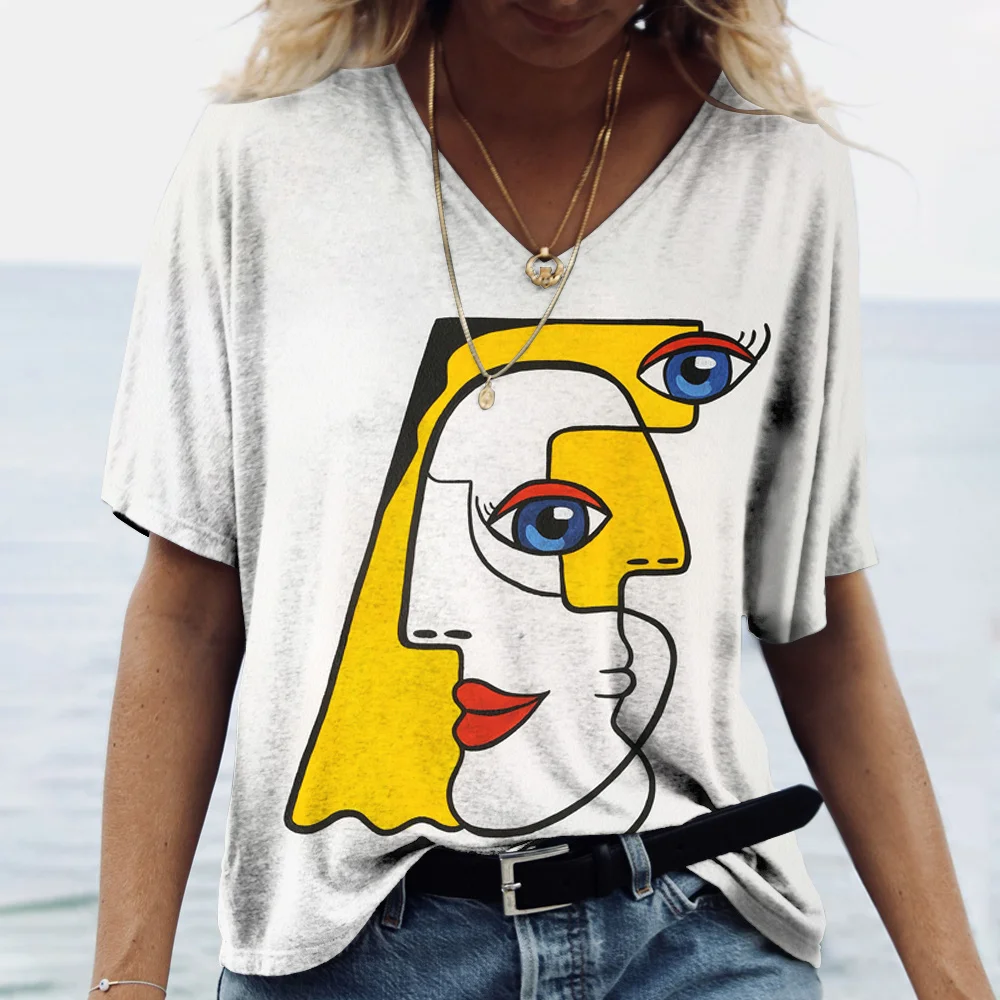 

New Women's T-Shirts Artistic Face Print Oversized T-Shirts Fashion Designer Clothing Women's Tops Streetwear Short Sleeve Tops
