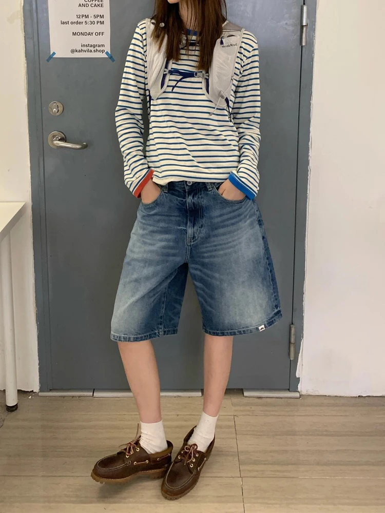 Джинсовые шорты с высокой талией для женщин мешковатые до колена синие свободные