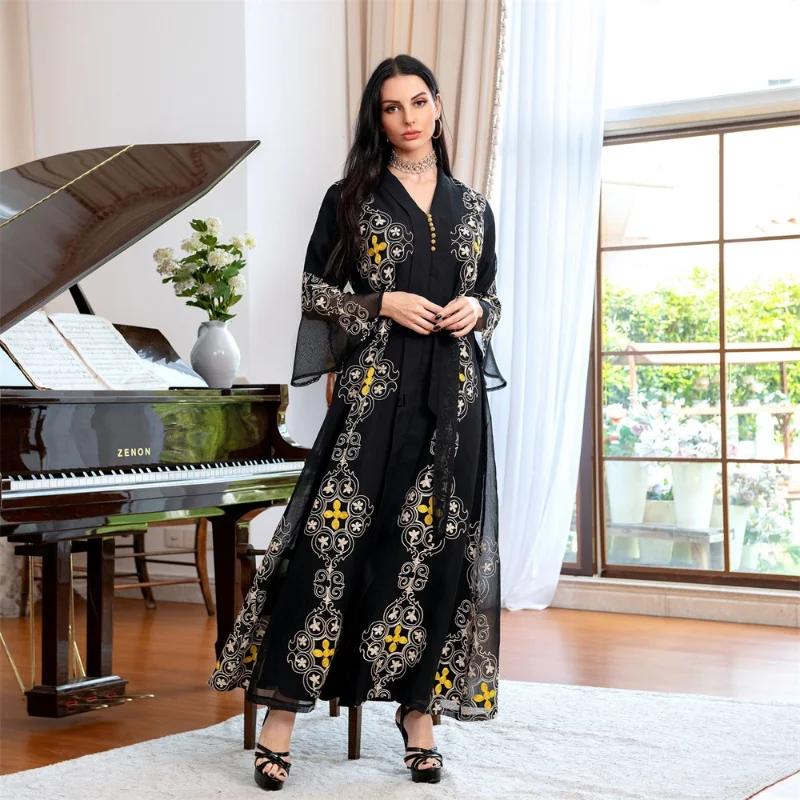 Turkey Dresses For Women Luxury Embroidered Long Dress Flared Sleeves Belted Kaftan Muslim Party Robe Abaya Ramadan