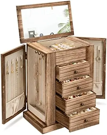 

Box for Women, 5 Layer Large Wood Boxes & Organizers for Necklaces Earrings Rings Bracelets, Rustic Organizer with Drawers a Stu