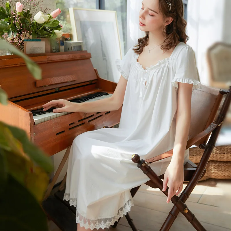 Spring and Autumn Women's Nightdress Short Sleeve Lace Palace Princess Sweet Long Home Wear Loose Sleepwear Women Sleep Tops