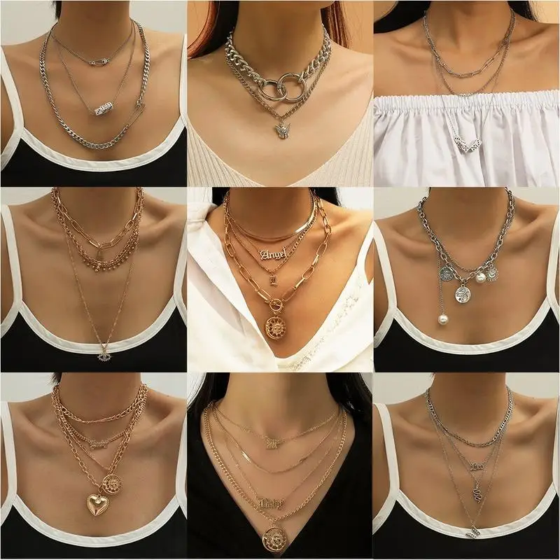 

Vintage Multi Layer Necklace Fashion Creative Retro Personality Simple Alloy Sweater Chain Hip Hop Dance Jewelry Birthday Gifts