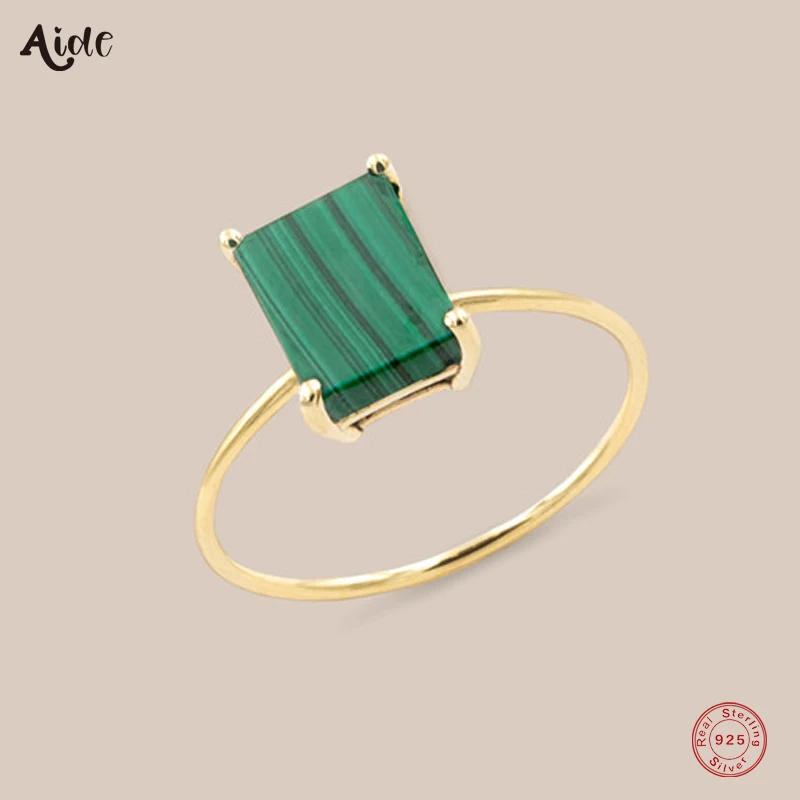 

Aide 925 Sterling Silver Vintage Blackish Green Imitation Malachite Rings For Women Gift Rectangle Chic Stackable Party Rings
