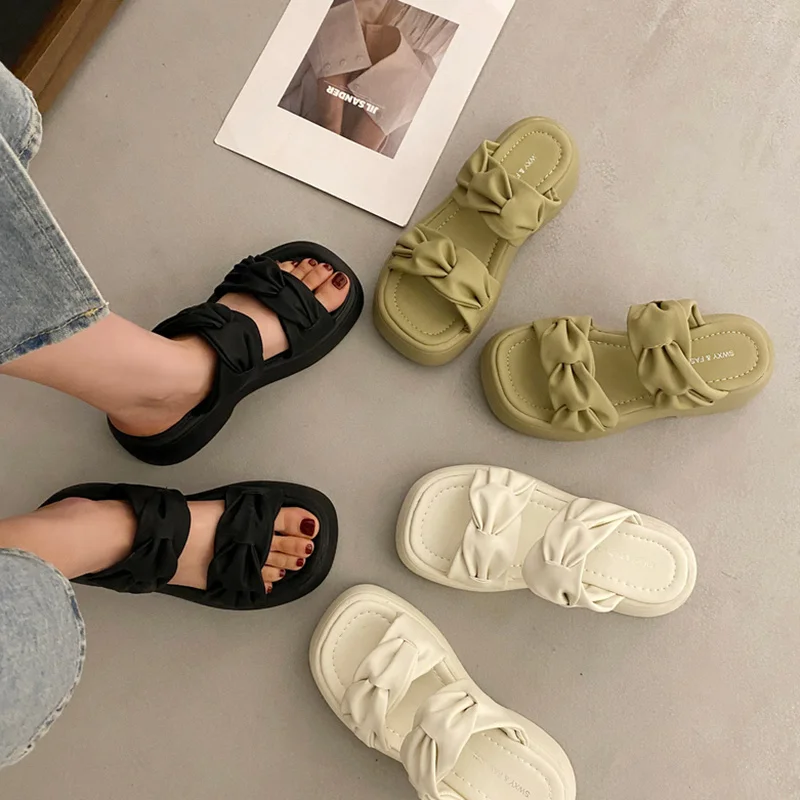 Flat Shoes Female Summer Clogs Woman Med House Slippers Platform Slides Beach PU Rubber Fabric Rome Scandals Beach Shoes Slipper