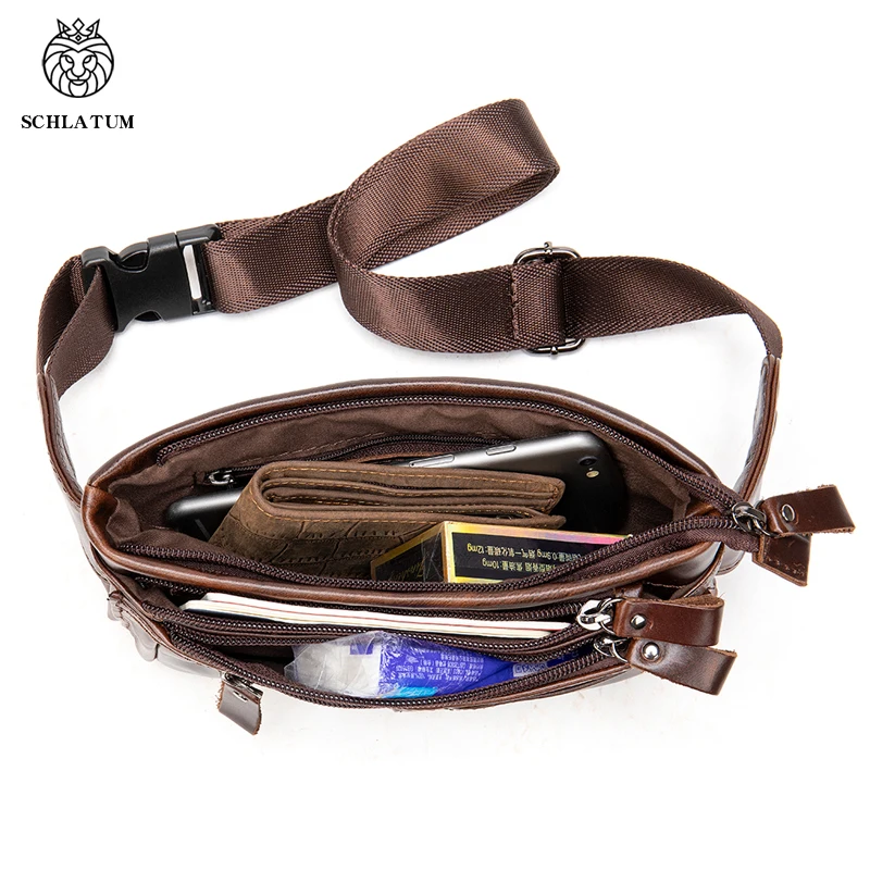 SCHLATUM Genuine Leather Fanny Bag for Fanny Pack Male Travel Waist Bag Men Phone Pouch Male Leather Messenger Bag Casual Small