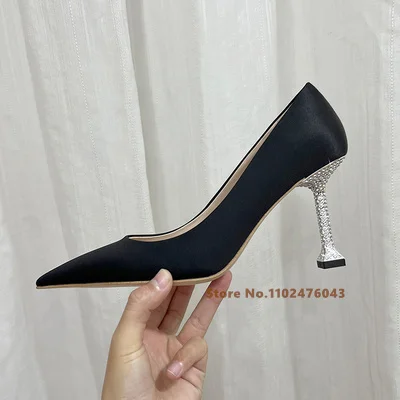 

2023 Spring New Pointed High Heels Women's Satin Surface Rhinestone Wine Cup Heels Slip On Fashion Single Shoes Women Pumps