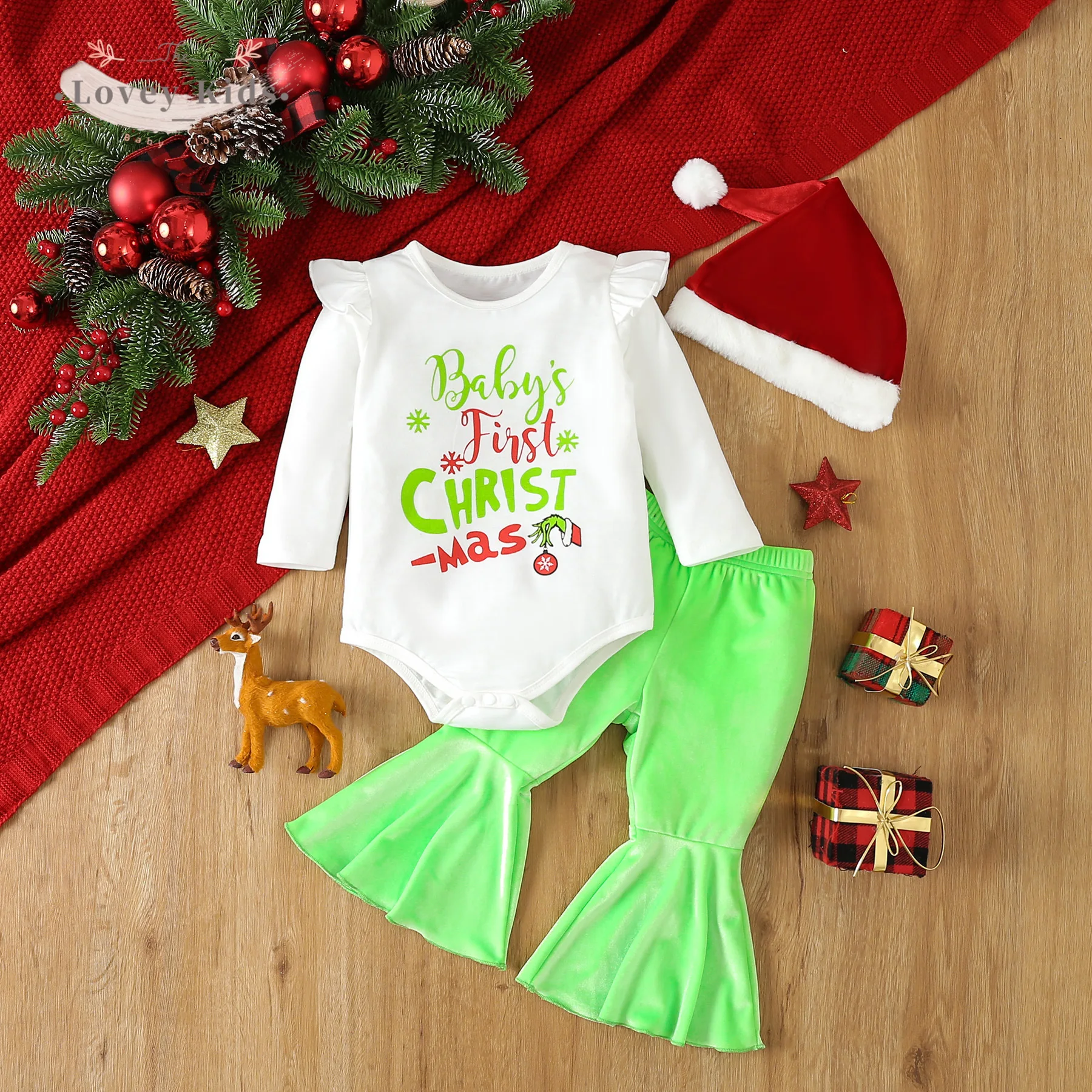 

3 шт., детский бархатный боди с длинным рукавом и принтом