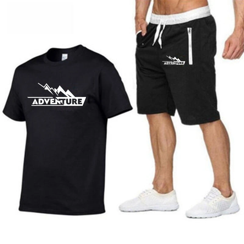 Summer ADVENTURE Tracksuit Set Men T Shirt+Shorts Sets Summer Sportswear Jogging Pants Streetwear Harajuku Tops Tshirt Suit