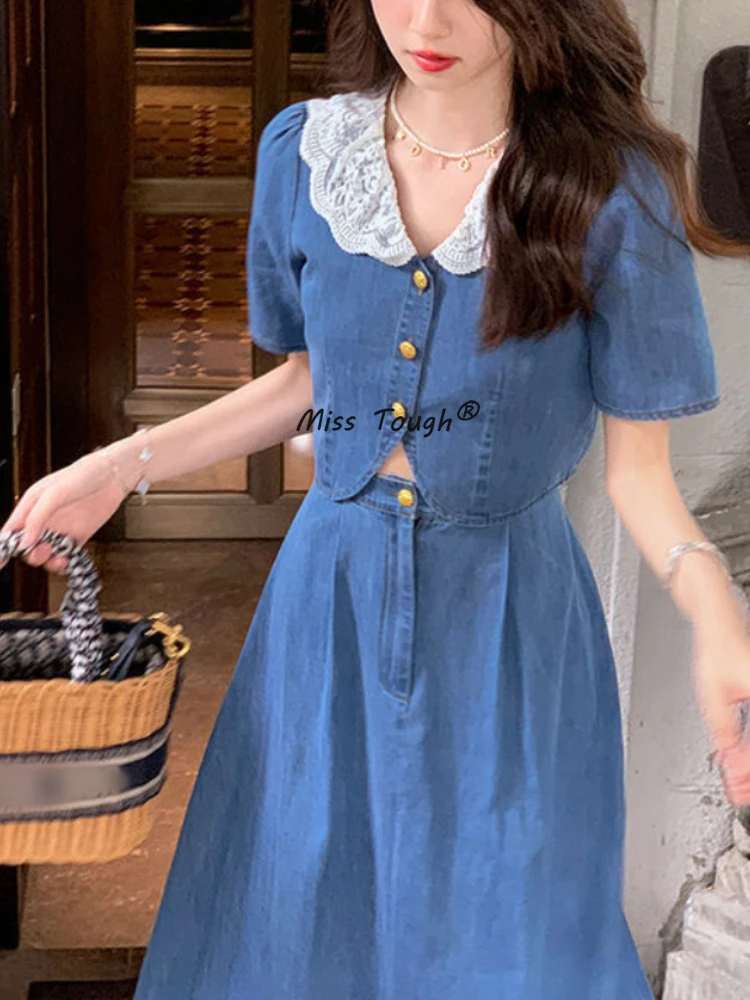 

Женский винтажный джинсовый костюм, элегантный кружевной праздничный костюм из двух предметов, вечерние ка миди в Корейском стиле, лето 2022