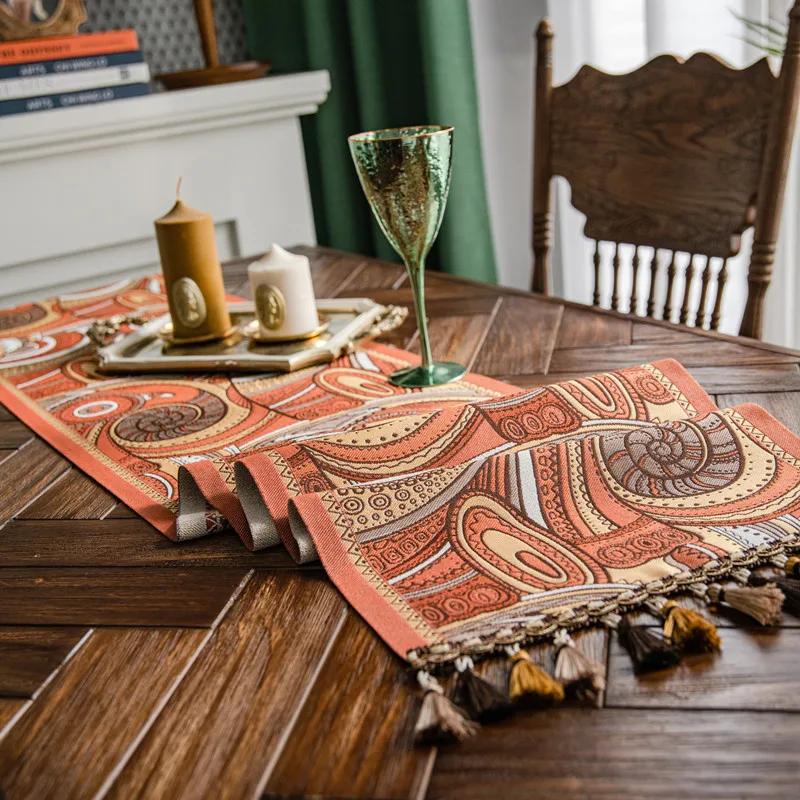 

Ethnic Style Retro Table Runner Yarn Dyed Jacquard with Tassel Household Polyester Tablecloth Table Flag Bed Tail Flag