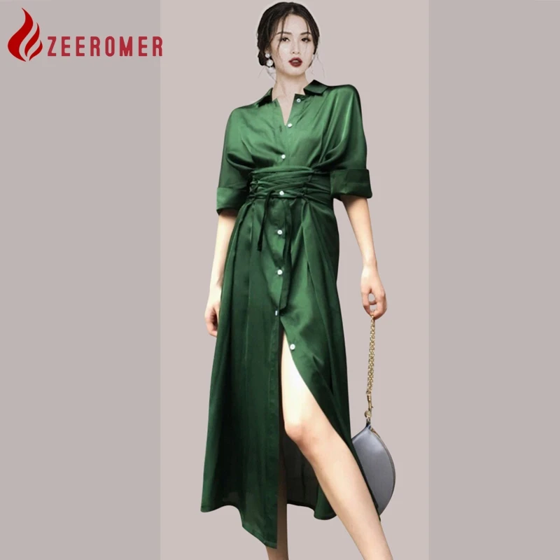 

Осеннее элегантное офисное длинное платье-рубашка ZEEROMER 2023, женское однобортное платье-рубашка с отложным воротником и полурукавом, со шнуровкой
