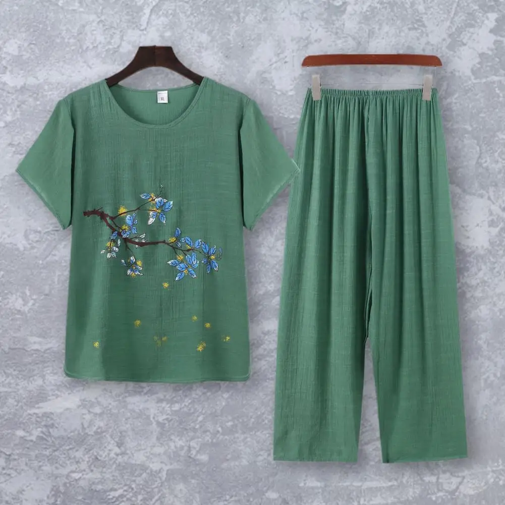 Stylish Women Pajamas Set Round Necks Short Sleeves Grandma Style Summer Pajamas Set for Daily Wear