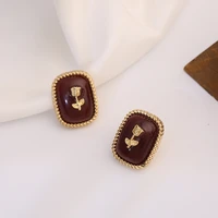 vintage wine red rose flower geometric stud earrings for women elegant party temperament gifts wedding bridal jewelry