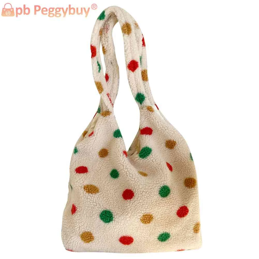

Fleece Women Tote Bag Colorful Dots Fashion Ladies Shopping Bag Large Capacity Portable Soft Plush for Autumn Winter Daily Totes