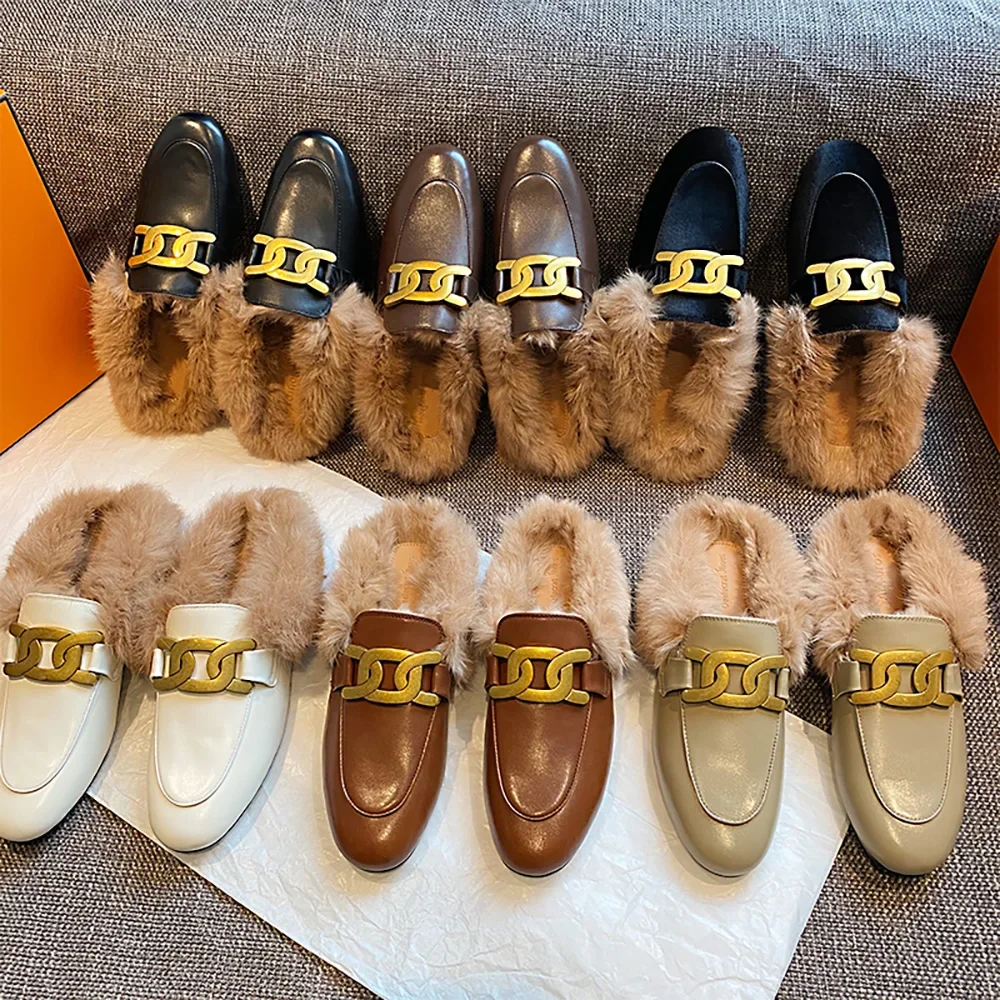 

Fur Slides Muller Shoes 2023 New Women’s Fluffy Loafers Outerwear Rabbit Fur Toe Cap Mocasines Cowhide Lazy Flats Furry Slides