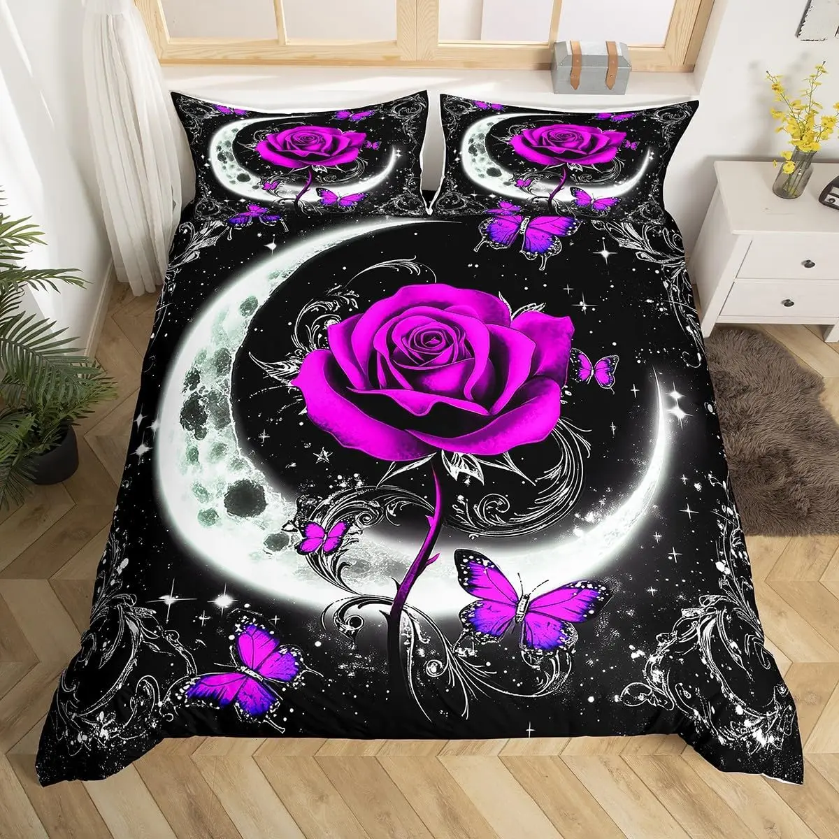 Фото Комплект постельного белья с цветком розы Twin King, Galaxy Moon Rose, пододеяльник для декора комнаты для мальчиков и девочек, пододеяльник с цветочным принтом на День святого Валентина №4