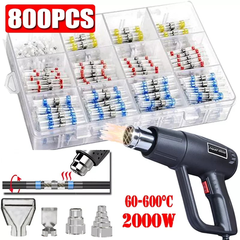 

50/800PCS Solder Seal Wire Connectors Waterproof Heat Shrink Butt Electrical Insulated Splices Cable Terminals with 2000W Heater