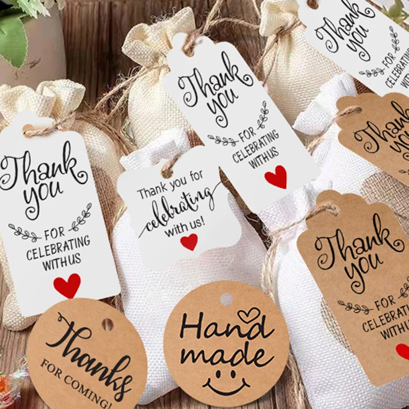 

100pcs/lot Hanging Tags Thank You for Celebrating with Us Labels with Ropes Rectangle Kraft Paper Card Gift Wrap Note
