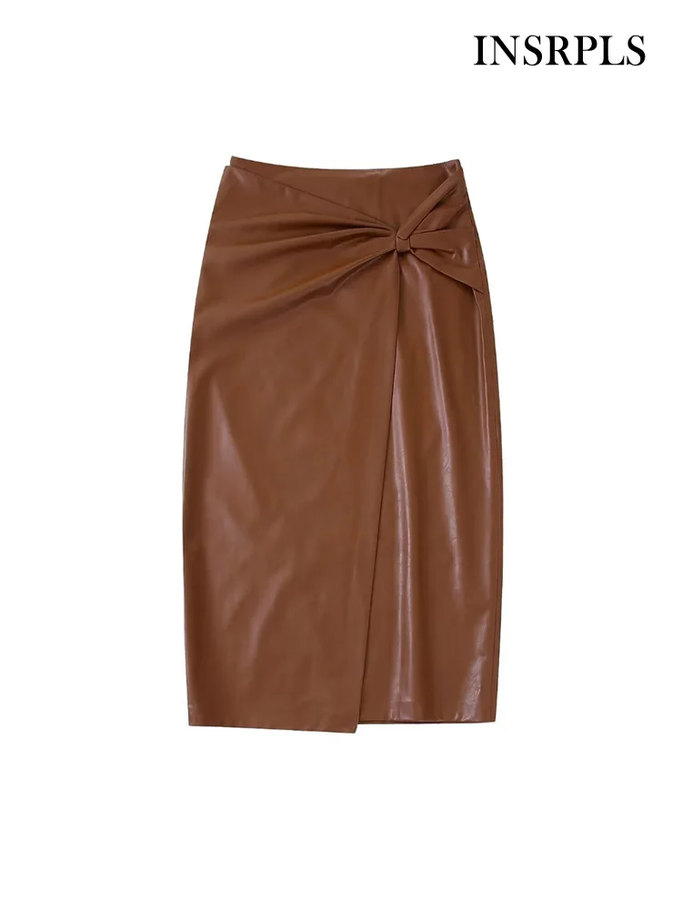 

INSRPLS Women Fashion With Knotted Front Slit Faux Leather Midi Skirt Vintage High Waist Back Zipper Female Skirts Mujer