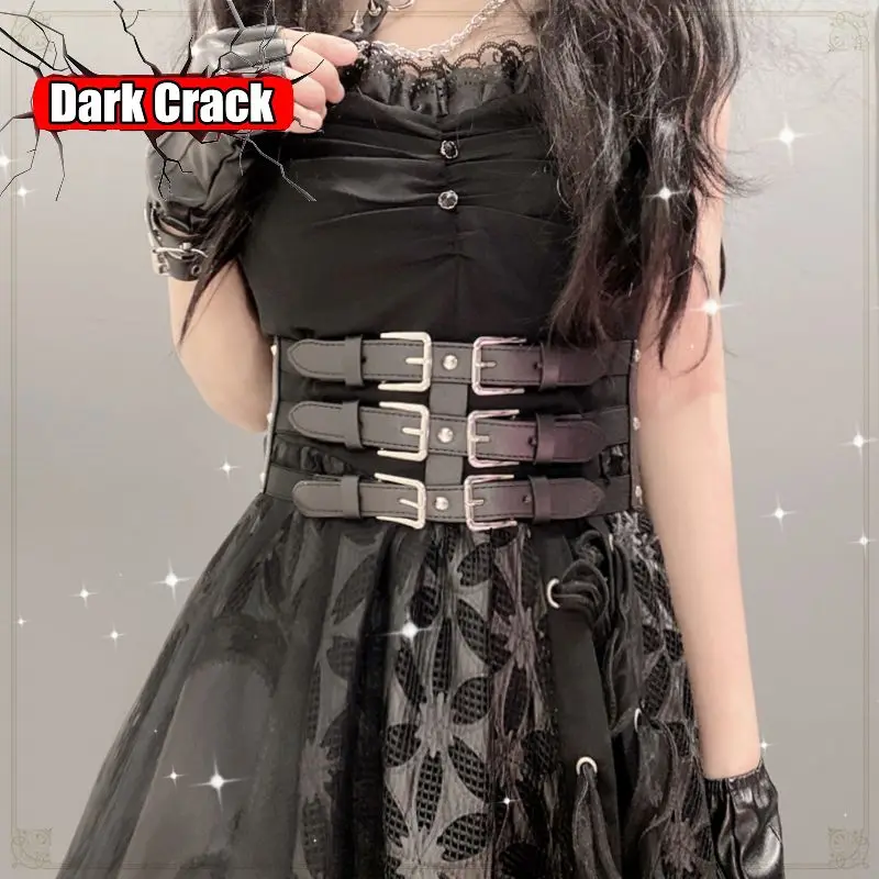 Women's Harajuku Lolita Girl PU Leather Button Hardware Fashion VersatileY2K Chain Metal Punk Gothic Style Belt