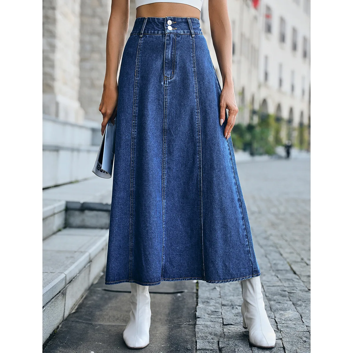

Women's Fashion A-line High Waist Loose Mid Length Denim Skirt