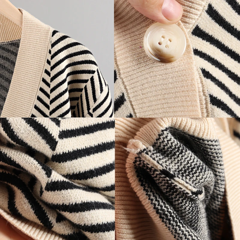 Зимний свитер в полоску с V-образным вырезом и пуговицами Рождественский