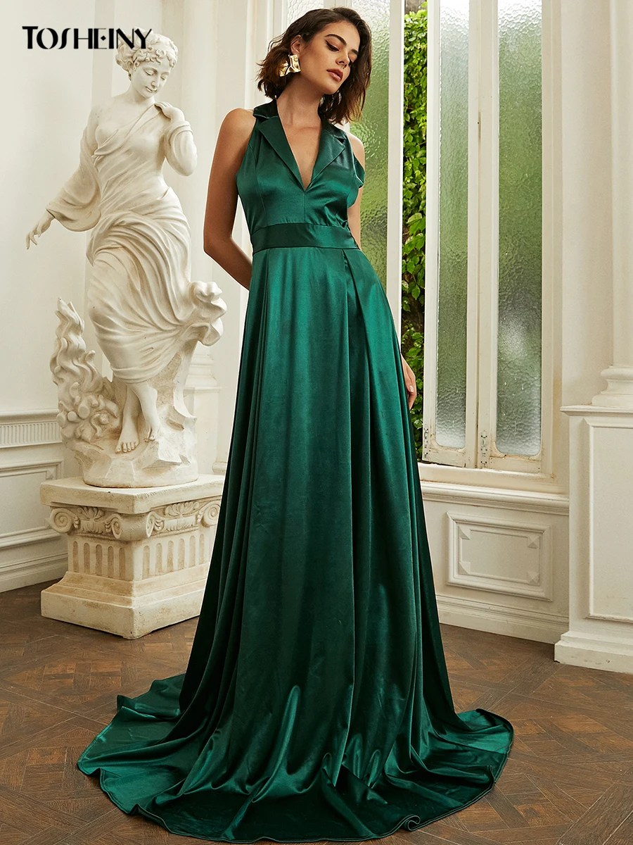 Tosheiny новые платья для женщин халат воротник с лацканами атласное платье
