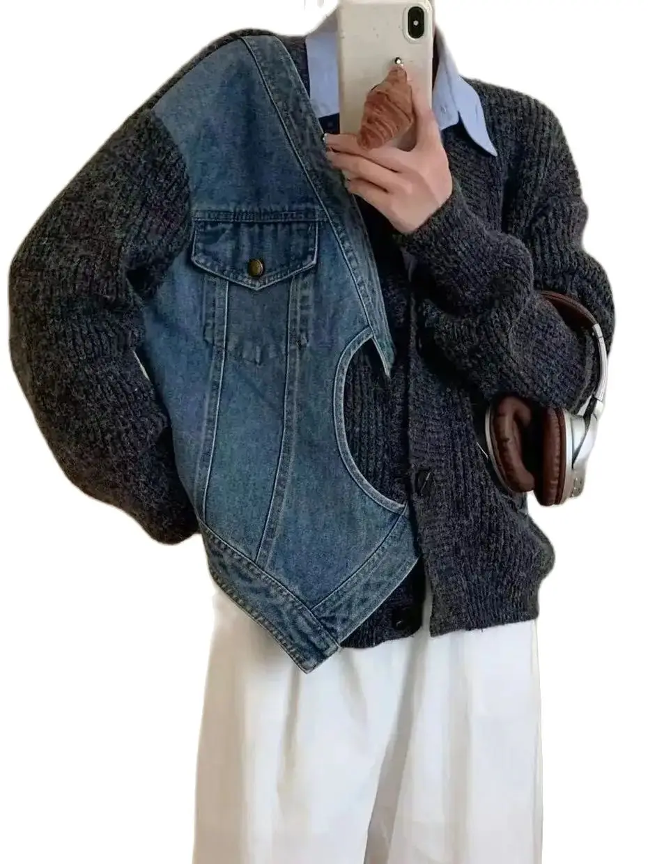 Женский вязаный кардиган в стиле Харадзюку свитер цвета хаки пэчворк с V-образным