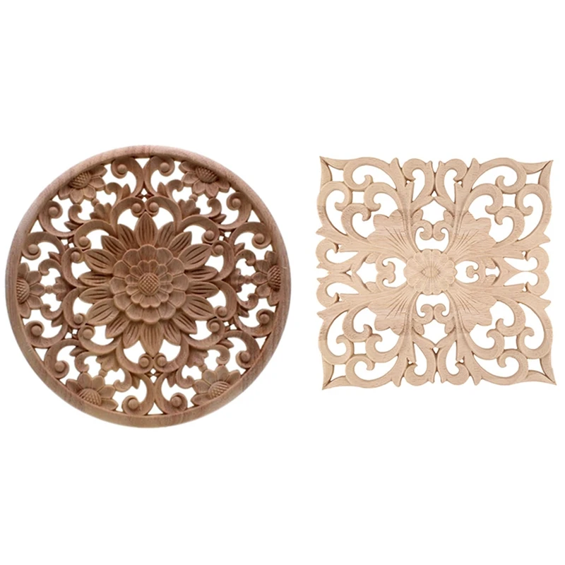 

Hot YO-Wooden Decal Supply Applique Real Wood Carving 20X20x2cm & Carved Flower Carving Round Wood Appliques 15X15x2cm