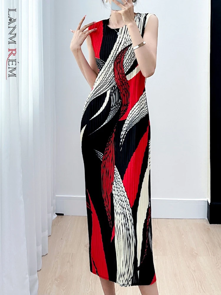 LANMREM Designer Printed Pleated Dress For Women Round Neck Sleeveless Slim Fashion Dresses Female Clothing 2023 New 2YA3932