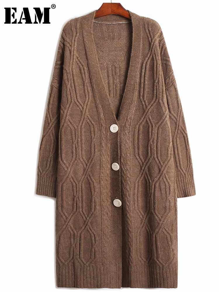 

[EAM] Knitting Cardigan Apricot Big Size Sweater Loose Fit V-Neck Long Sleeve Women New Fashion Tide Autumn Winter 2022 1DE6180